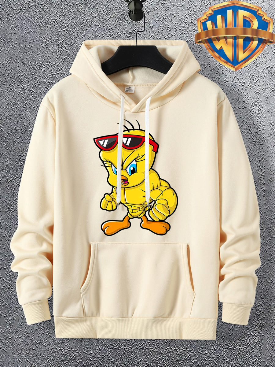 Warner Licensed Men'S Autumn Long Sleeve Hooded Sweatshirt, Durable Ribbed Cuffs, Breathable Polyester Fabric, Funny Muscle Bird Creative Cartoon Print, Suitable for Campus Youth Daily Wear, Class And Social Outings, Loose Drop Shoulder Cut - Apricot