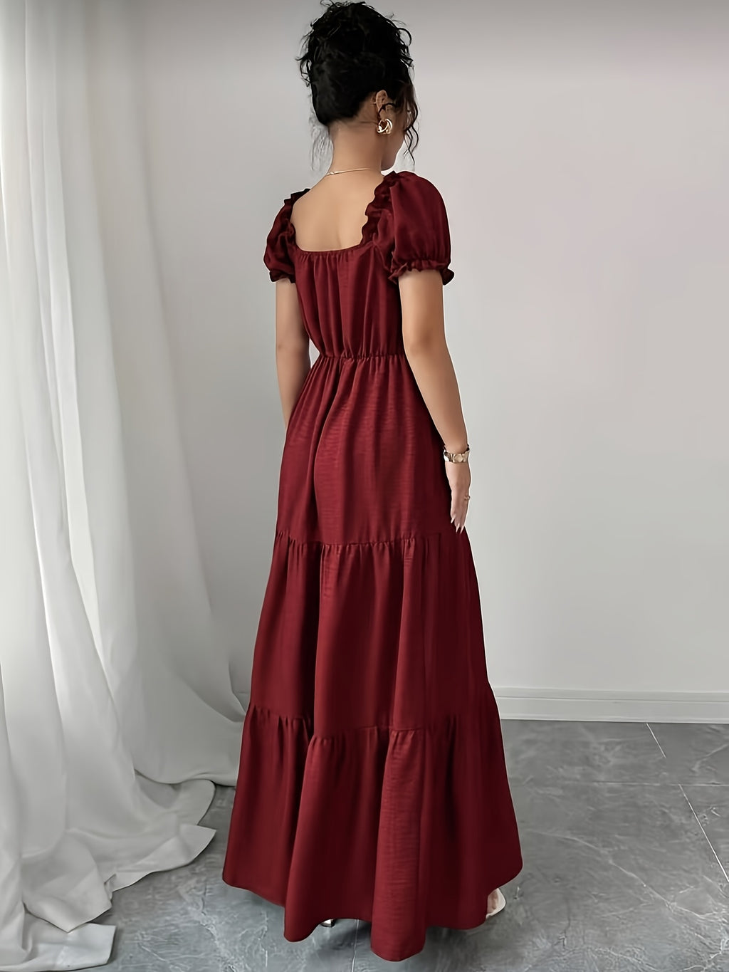Elegant Daily Casual Women's Long Dress with Unique Neckline, Multi-Layer Patchwork, Ruffle Trim, Slim-Fit Bohemian Style Maxi Dress - Burgundy