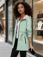 Women's Reversible Mid-Length Spring & Autumn Trench Coat, Color Block, Fixed Hood with Zipper Pockets, Adjustable Cinch Waist Slim Fit, Lightweight Durable Flip Outerwear, Zip-Up Solid Elegant Versatile Outdoor Jacket - Green