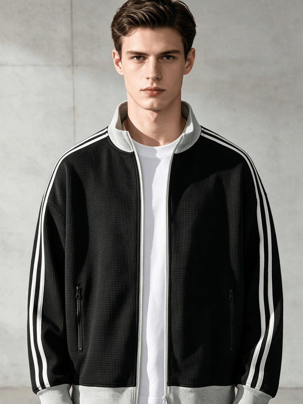 Stand Collar Striped Sports Jacket Waffle Knit Fabric Soft And Breathable Full Zip Closure for Easy Wear Double Zipper Pockets for Storage Drop Shoulder Loose Style Retro Casual, Spring, Fashion, Men, Outdoor, Quick-Dry - Black