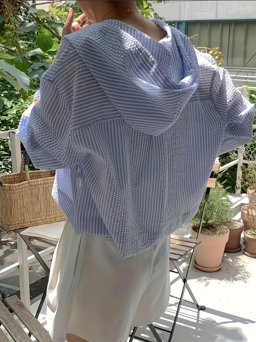 Elegant and Versatile Single-breasted Short Coat, Loose-fitting Vacation Long-sleeve Hooded Shirt for Women - Sky Blue