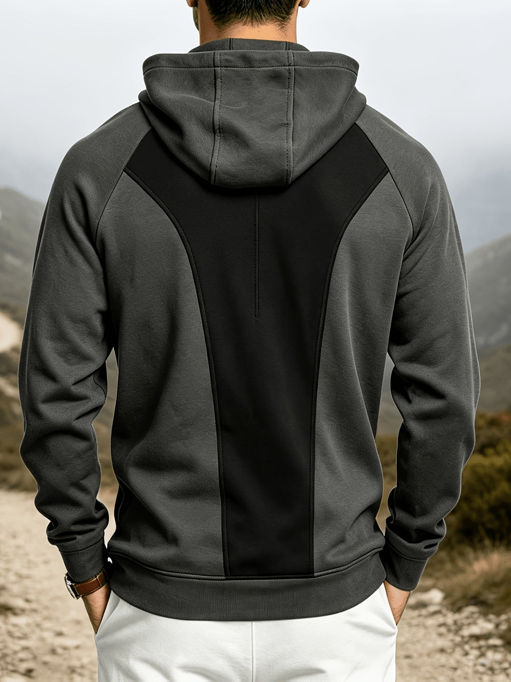 Heavyweight Autumn/Winter Men's Outdoor Sports & Fitness Spliced Hooded Loose Fit Inverted Triangle Sweatshirt - Dark Grey