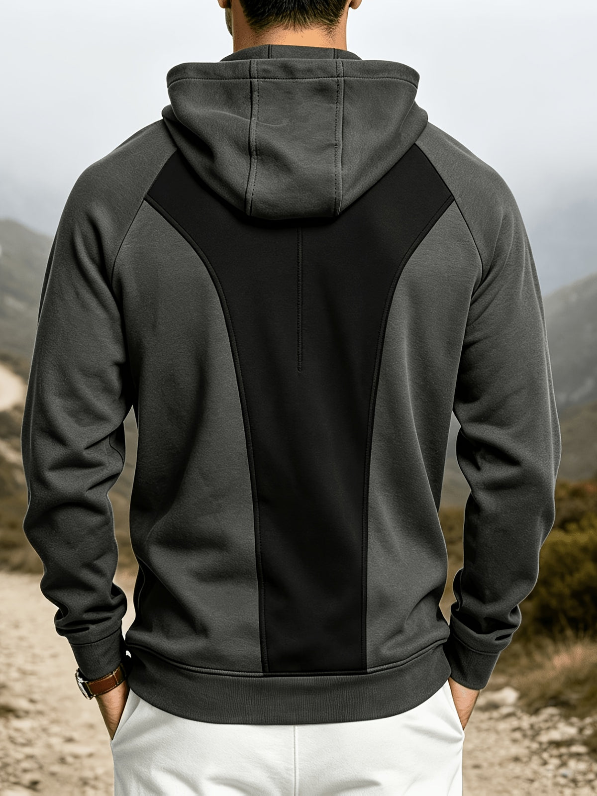 Heavyweight Autumn/Winter Men's Outdoor Sports & Fitness Spliced Hooded Loose Fit Inverted Triangle Sweatshirt - Dark Grey
