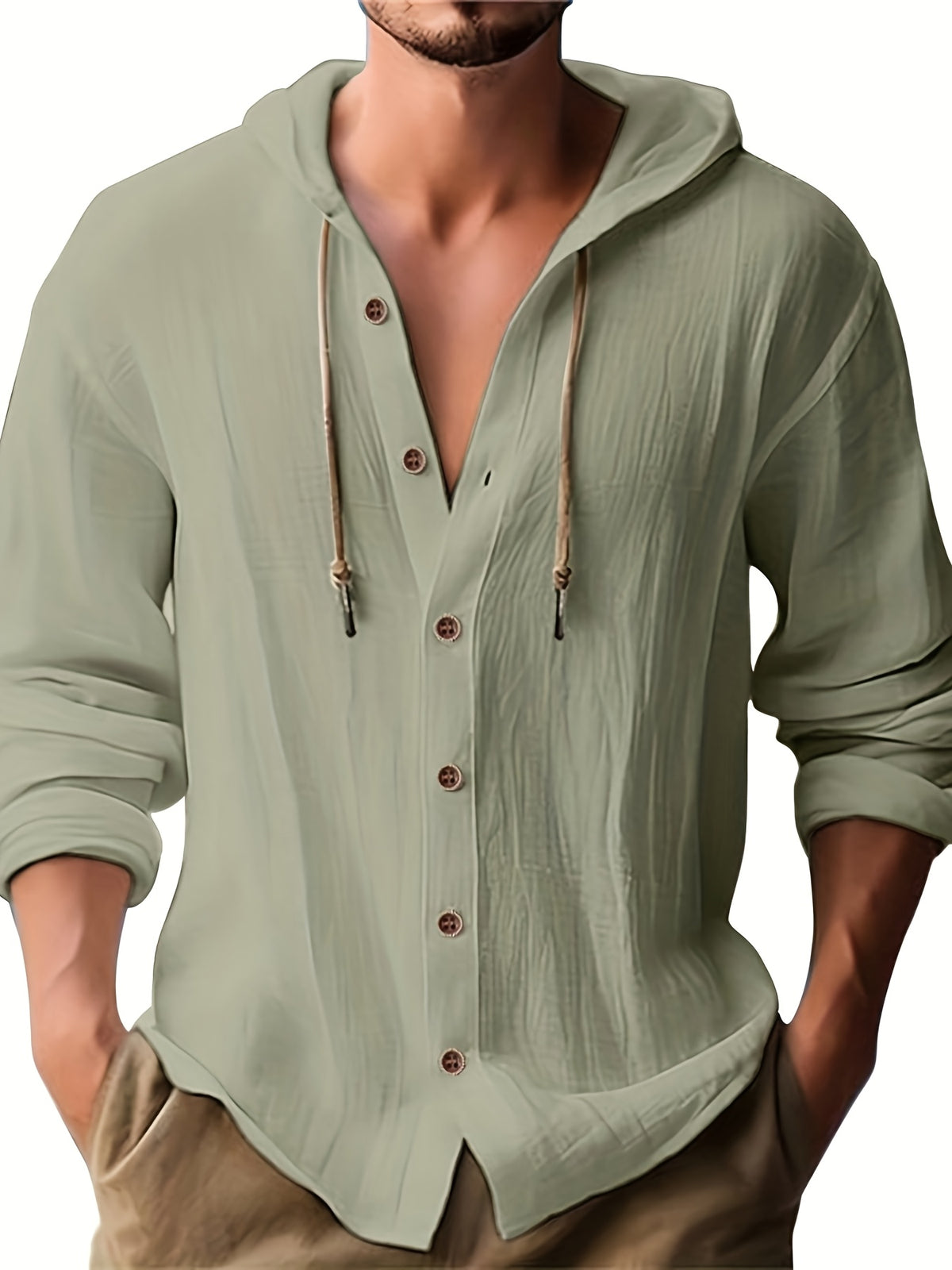 Men'S Spring And Autumn Fashion Versatile Casual Long-Sleeved Shirt, Light, Comfortable And Breathable Linen And Solid Color Shirt, New Season - fern green