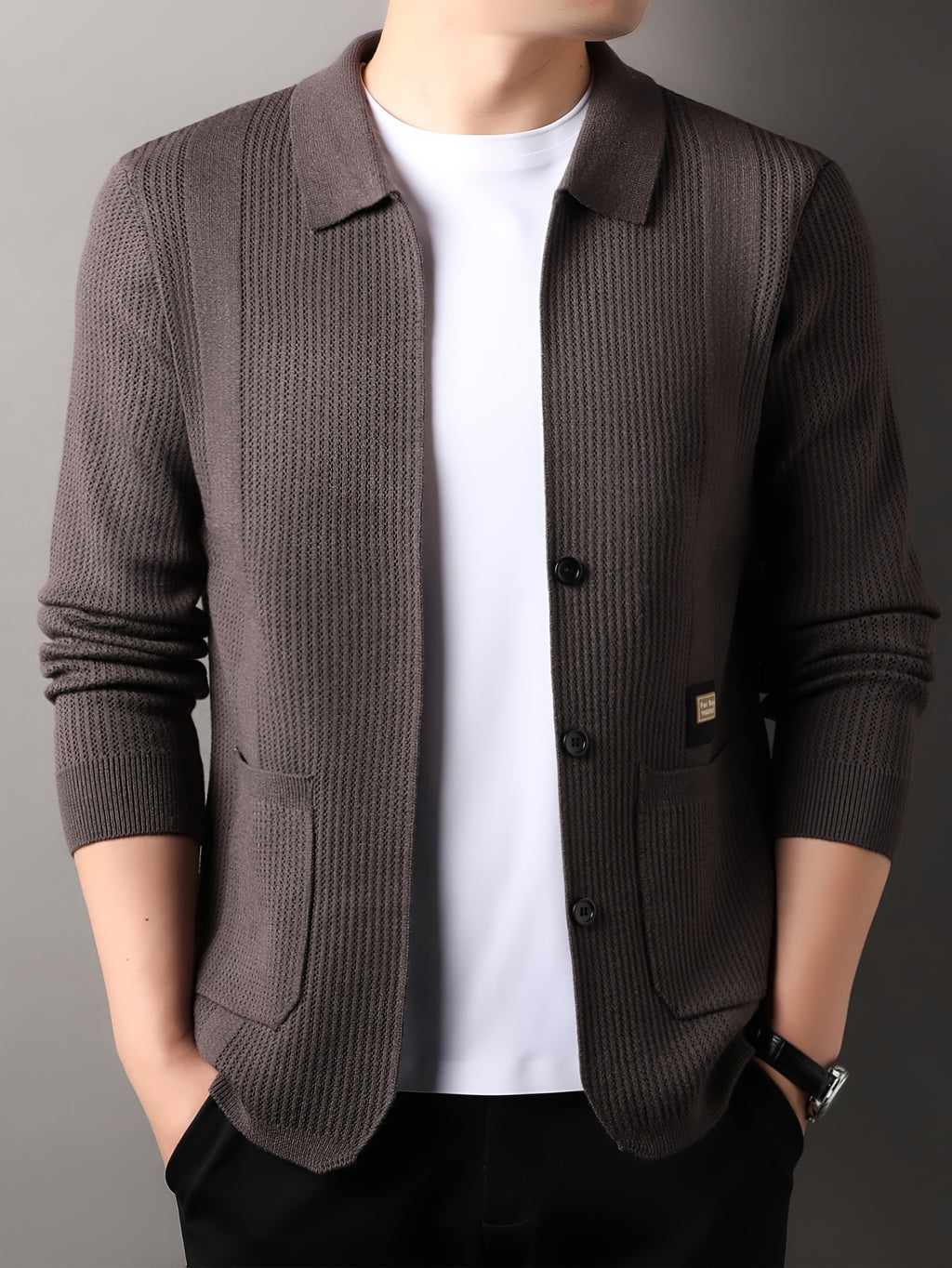 Men's Air-Layer Jacquard Cardigan -Front Lapel - Warm Winter Outerwear Suitable for Fall/Winter, Casual -Front Door Collar, Hand Washable Solid Color Blazer - Coffee Color
