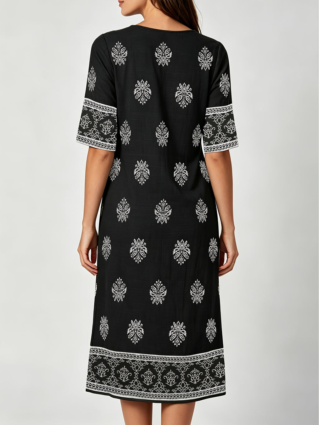 V-neck Short-sleeve Ethnic Print Dress with Slit Hem, Holiday Travel Beach Dress - Black