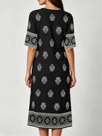 V-neck Short-sleeve Ethnic Print Dress with Slit Hem, Holiday Travel Beach Dress - Black