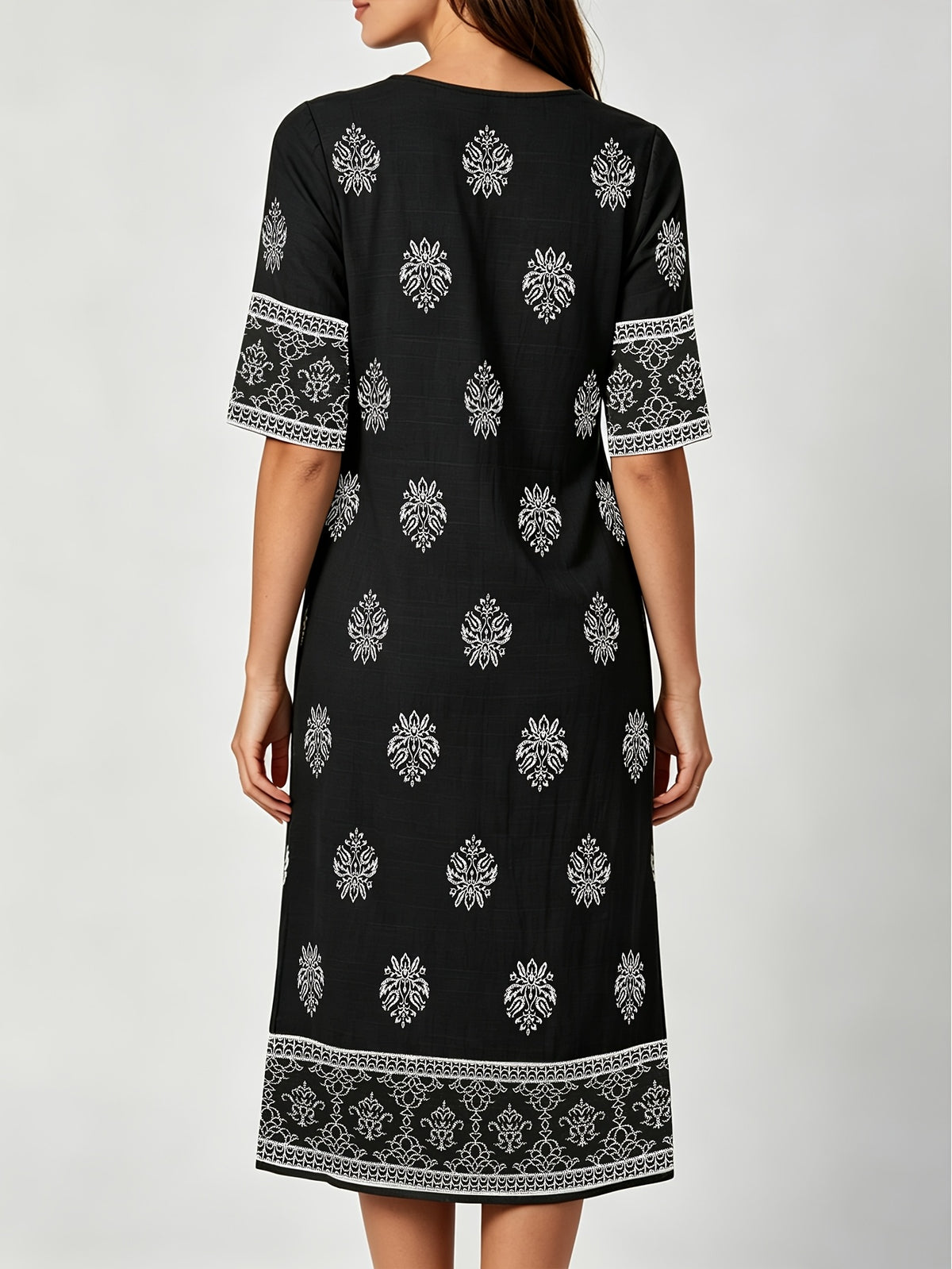 V-neck Short-sleeve Ethnic Print Dress with Slit Hem, Holiday Travel Beach Dress - Black