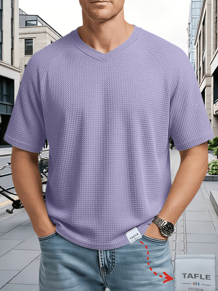 Men's Large Waffle Knit Chicken-Heart Neck T-Shirt - Loose Fit Short Sleeve Crew Neck Shirt with Hem Logo Decoration, Breathable Summer Casual & Sportswear, Solid Color Suitable for Gym, Casual Attire, Machine Washable - Violet