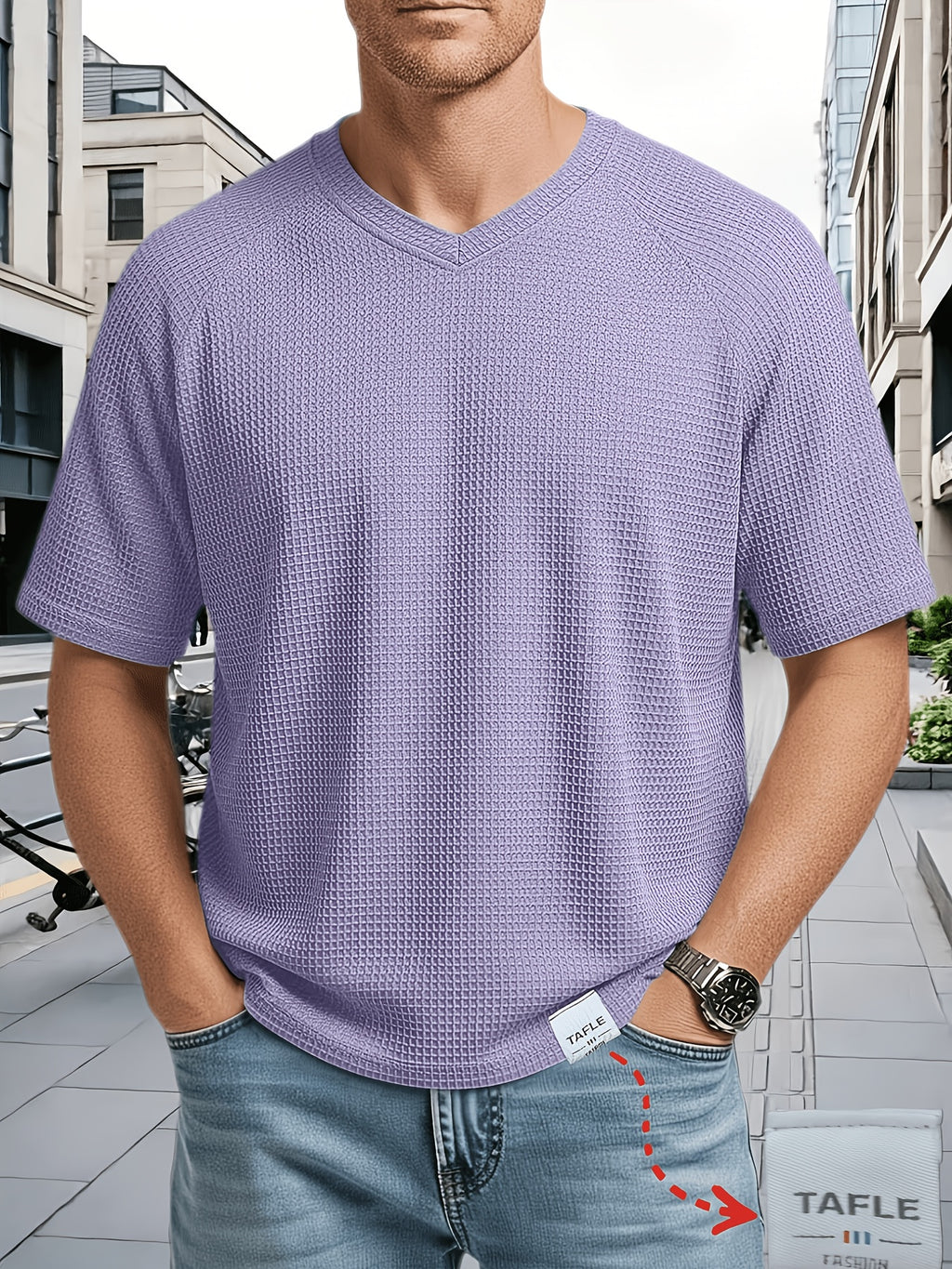 Men's Large Waffle Knit Chicken-Heart Neck T-Shirt - Loose Fit Short Sleeve Crew Neck Shirt with Hem Logo Decoration, Breathable Summer Casual & Sportswear, Solid Color Suitable for Gym, Casual Attire, Machine Washable - Violet