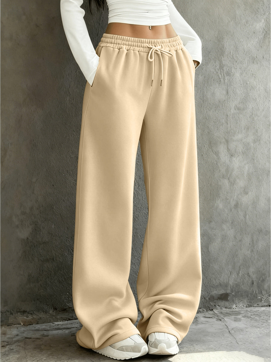 Women's Solid Color Wide-Leg Pants - Elastic Waist & Drawstring Pocket Sweatpants, Loose-Fit Full-Length Trousers for Casual Casual Attire, Lounge, Office & All-Season Comfortable (No Needed) - Machine Washable Solid Coloration - Apricot