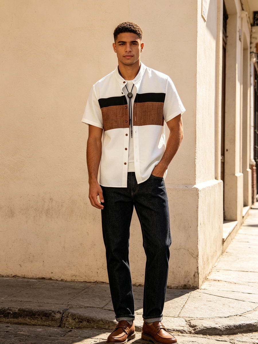 Men'S Summer Shirt, Stand Collar Short Sleeve Contrast Button-Up Shirt - Dark Brown