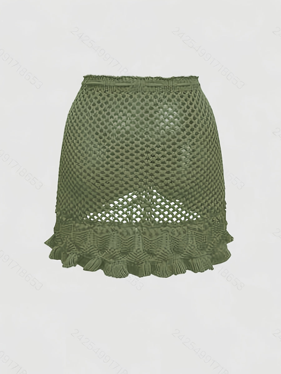 Targeted Style - Women's Elegant Casual Mini Skirt - Summer Beach Hollow Dress, Solid Color Minimalist, Soft and Comfortable Fabric - Olive