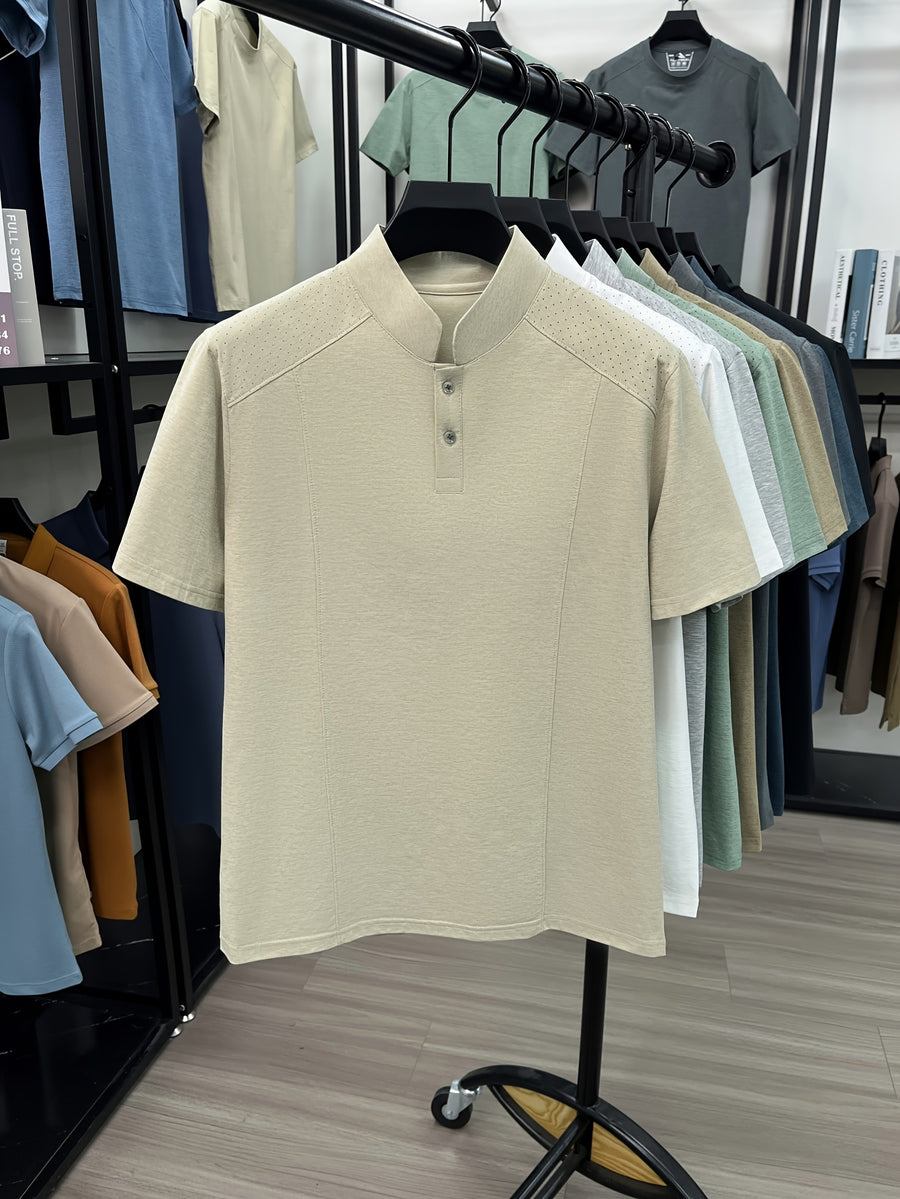 Men's New Summer Casual Stand Collar T-Shirt, Simple and Stylish Thin Breathable Versatile Short Sleeve Tee - Beige Camel