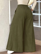 Plus Size, Women's Plus Size Corduroy Fashion Casual Wide-Leg Pants with Pocket Design, Elegant Loose Straight-Leg Trousers, High-Waist Flowy Wide-Leg Pants, Loose Fit Long Pants - Olive Green