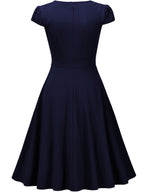 Summer Women'S Fashion Easy Solid Color Cross V-Neck Short Sleeve Waist-Cinching A-Line Midi Dress, Suitable for Daily Wear, Commuting, Office, And Business Formal Occasions - Navy Color