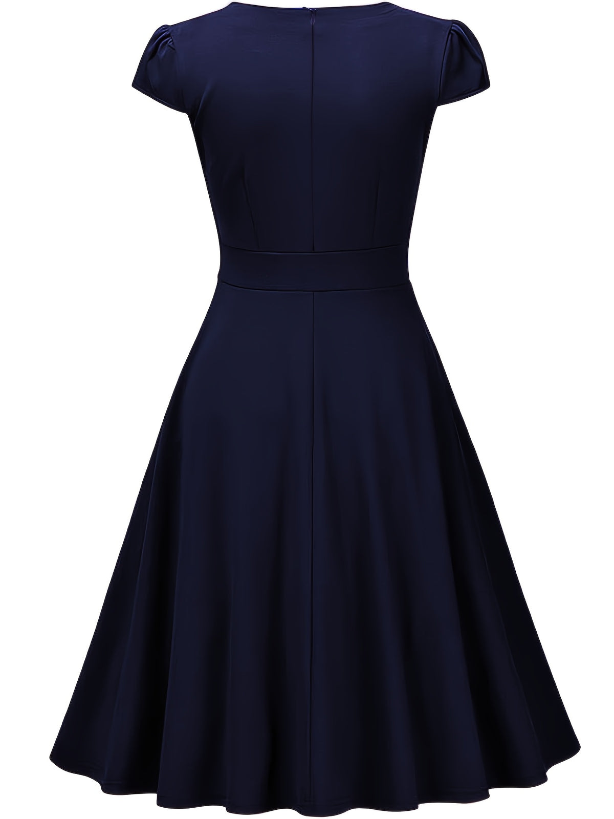 Summer Women'S Fashion Easy Solid Color Cross V-Neck Short Sleeve Waist-Cinching A-Line Midi Dress, Suitable for Daily Wear, Commuting, Office, And Business Formal Occasions - Navy Color