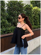 Elegant Exquisite Women'S Black Lace Trim Camisole Fashion Temperament Piece for Party Date Vacation Daily Outfit - Black