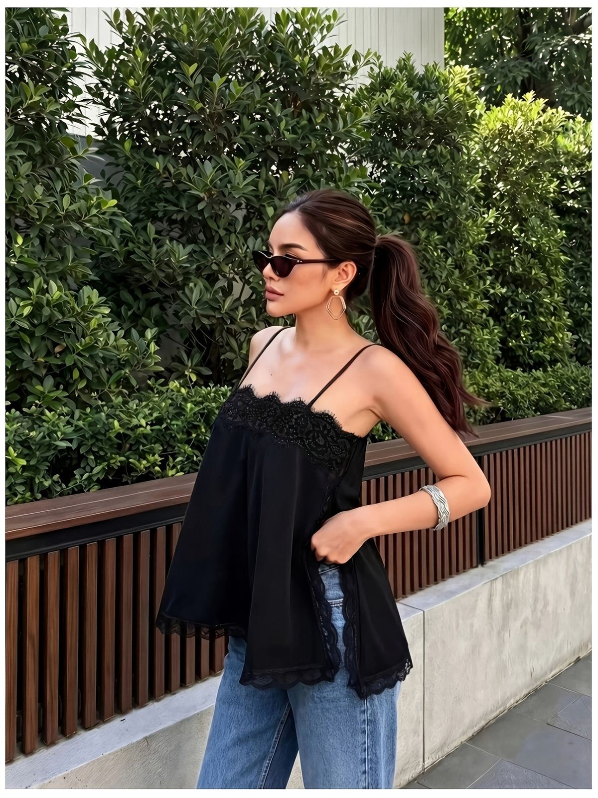 Elegant Exquisite Women'S Black Lace Trim Camisole Fashion Temperament Piece for Party Date Vacation Daily Outfit - Black