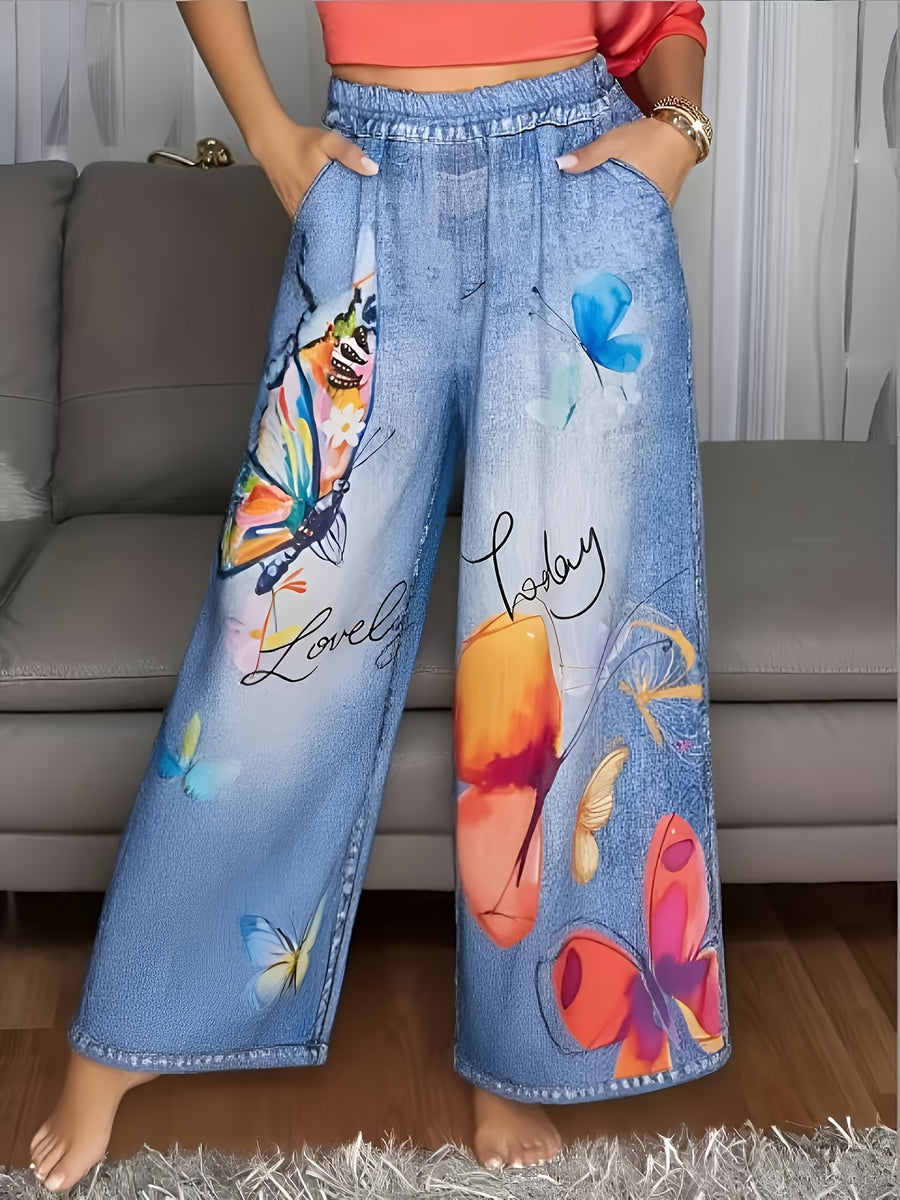 Women'S Floral Print, Energetic Butterfly Print, Elastic Casual Wide-Leg Pants with Pockets, Spring Summer Fall Lightweight Outfit - Mixed colors