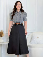 Short Sleeve Striped Shirt with Bubble Sleeves and Bow Tie - Black