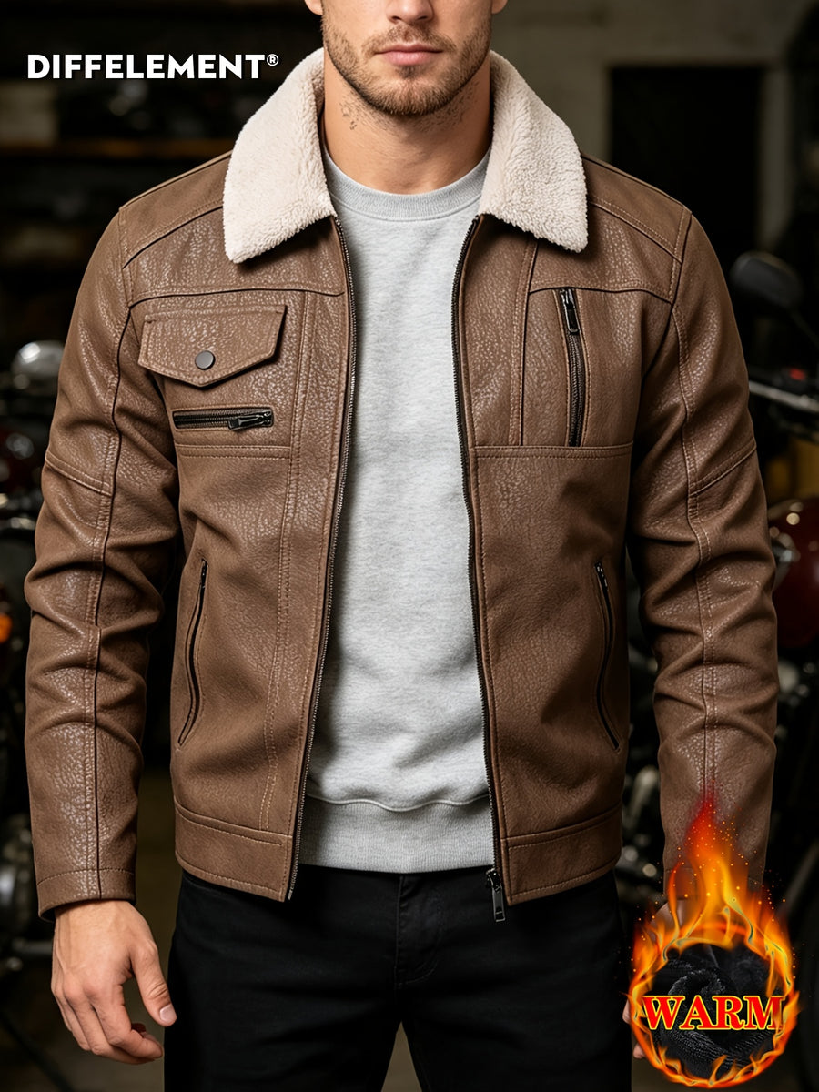 Men's Plush Lapel -Lined PU Motorcycle Jacket with Thickened Warm Lining, Vintage Texture Fabric, Multiple Zipper Pockets, Slim Fit Short Style, Autumn/Winter Riding Commuting American Casual Wear, Wear-Resistant and Windproof Lapel Outerwear Winter - Dark Brown