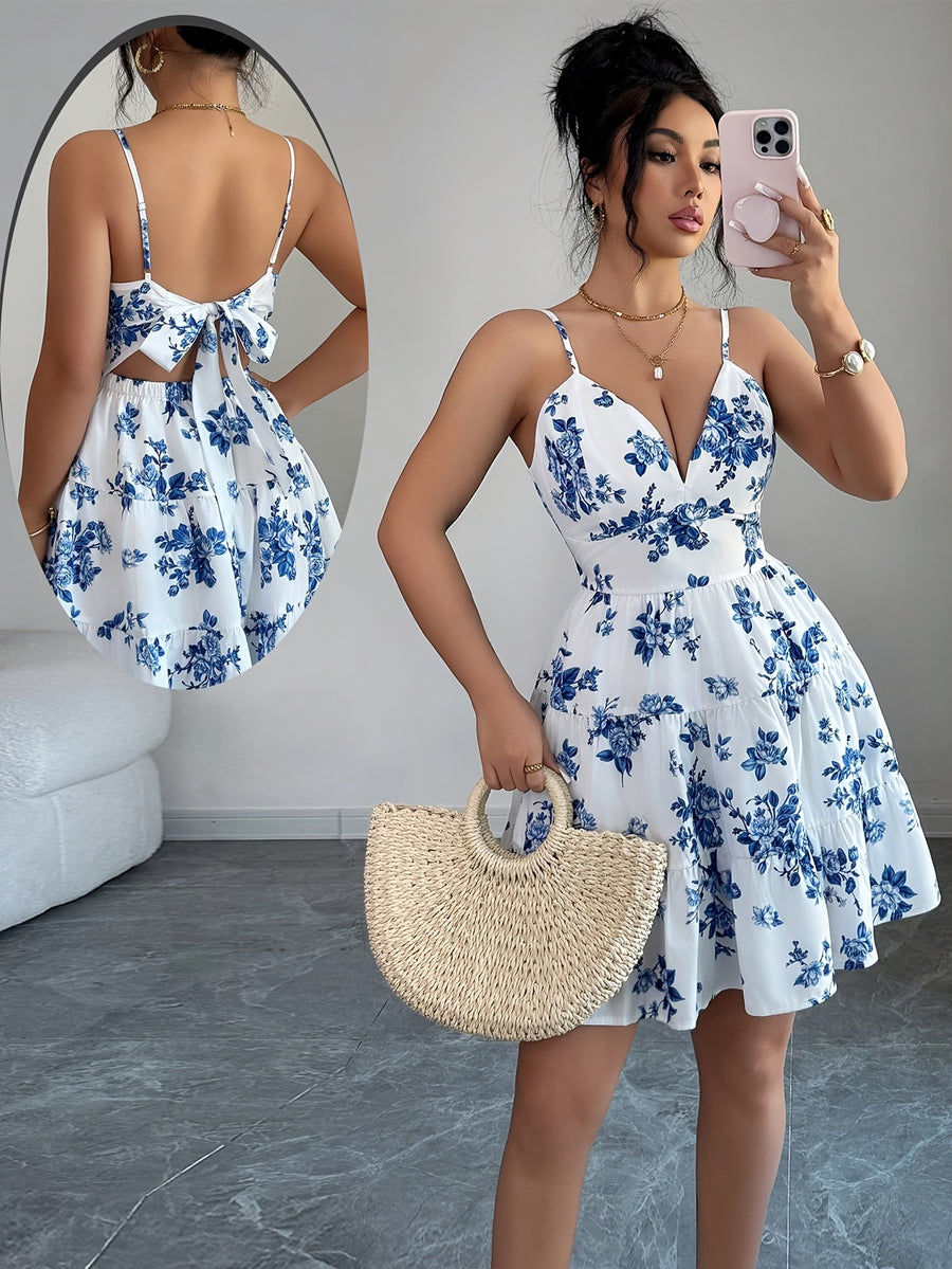 Women'S Summer Casual Floral Print Sexy Backless Tie-Up Long Dress - Mixed colors