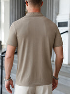 Men'S Waffle Texture Mandarin Collar Polo Shirts, Lightweight Quick-Dry Stretch Short Sleeve Summer Business Casual Tees - Khaki