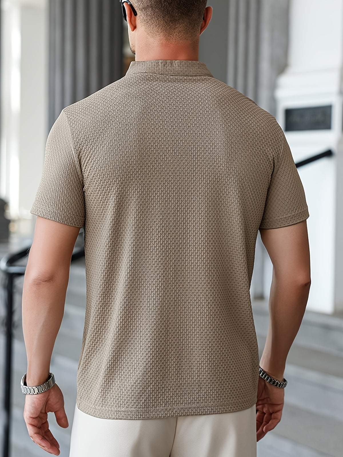 Men'S Waffle Texture Mandarin Collar Polo Shirts, Lightweight Quick-Dry Stretch Short Sleeve Summer Business Casual Tees - Khaki
