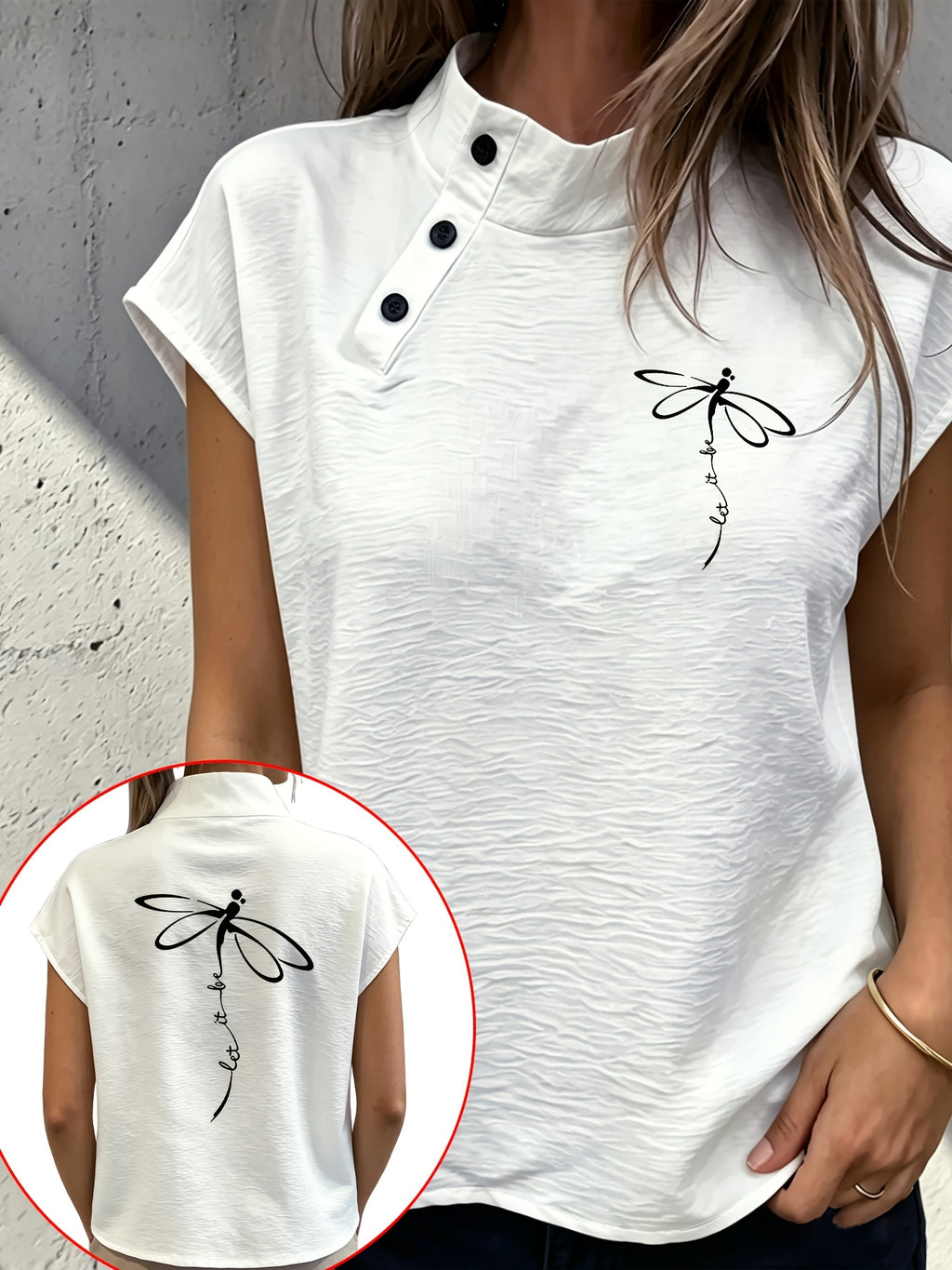 Casual Comfortable Elegant Chic Small Stand Collar Button-Up Sleeveless Dragonfly Butterfly Print White Shirt - White No. 3