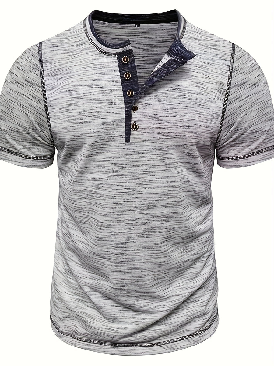 Men'S Summer Henley Shirt - Casual Short Sleeve, Button-Up, Gray & White Striped, Round Neck, Lightweight Polyester Blend, Perfect for Casual Attire, Casual Summer Wear | Striped Henley Shirt | Polyester Blend Shirt - Light Grey