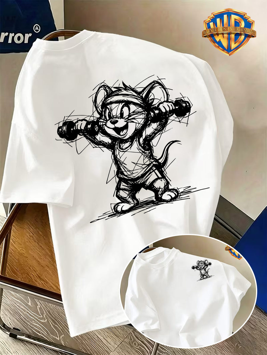 Warner Bros. Official New Men's Short-Sleeve T-Shirt with Front and Back Print, Featuring a Hand-Drawn Graffiti Sketch of Hands Lifting Dumbbells for Fitness Training, Animated Cartoon Black and White Creative Design. Comfortable and Casual - White