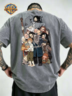 Warner Bros Official Men's Washed Pure Cotton Short-Sleeve T-Shirt, Featuring a Classic The Hobbit and Dwarves Team Anime Print on the Back, and a Circular Group Portrait Design of Characters on the Front Chest. Rich in Detail, It Showcases an Epic - Grey