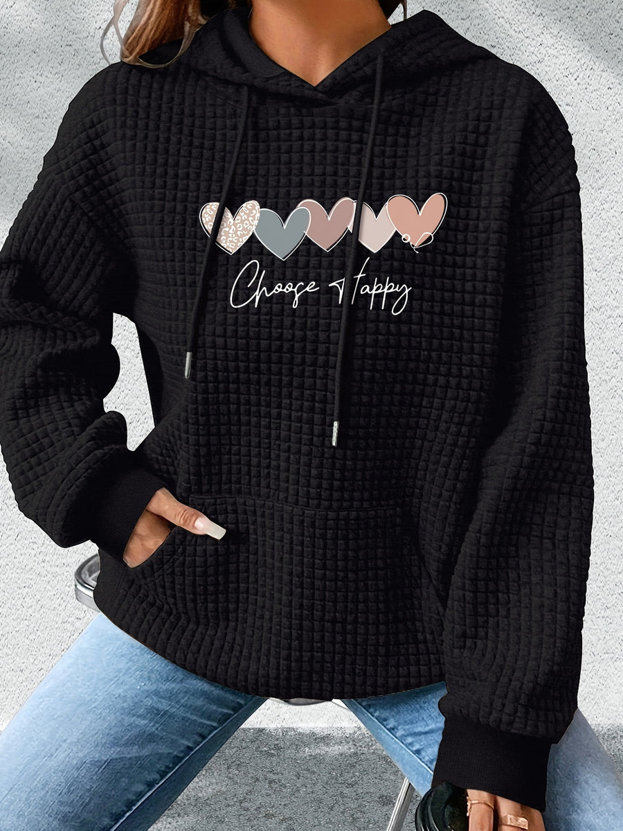 Graphic Print Hoodie, Drawstring Casual Hooded Sweatshirt for Fall And Spring, Women'S Clothing - Black