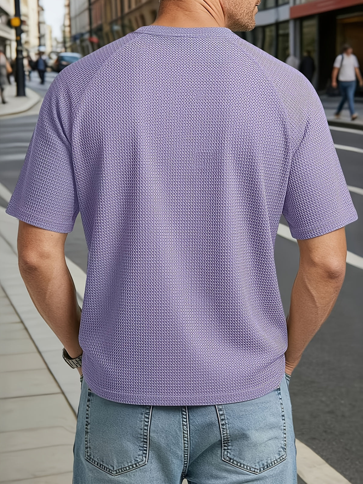 Men's Large Waffle Knit Chicken-Heart Neck T-Shirt - Loose Fit Short Sleeve Crew Neck Shirt with Hem Logo Decoration, Breathable Summer Casual & Sportswear, Solid Color Suitable for Gym, Casual Attire, Machine Washable - Violet