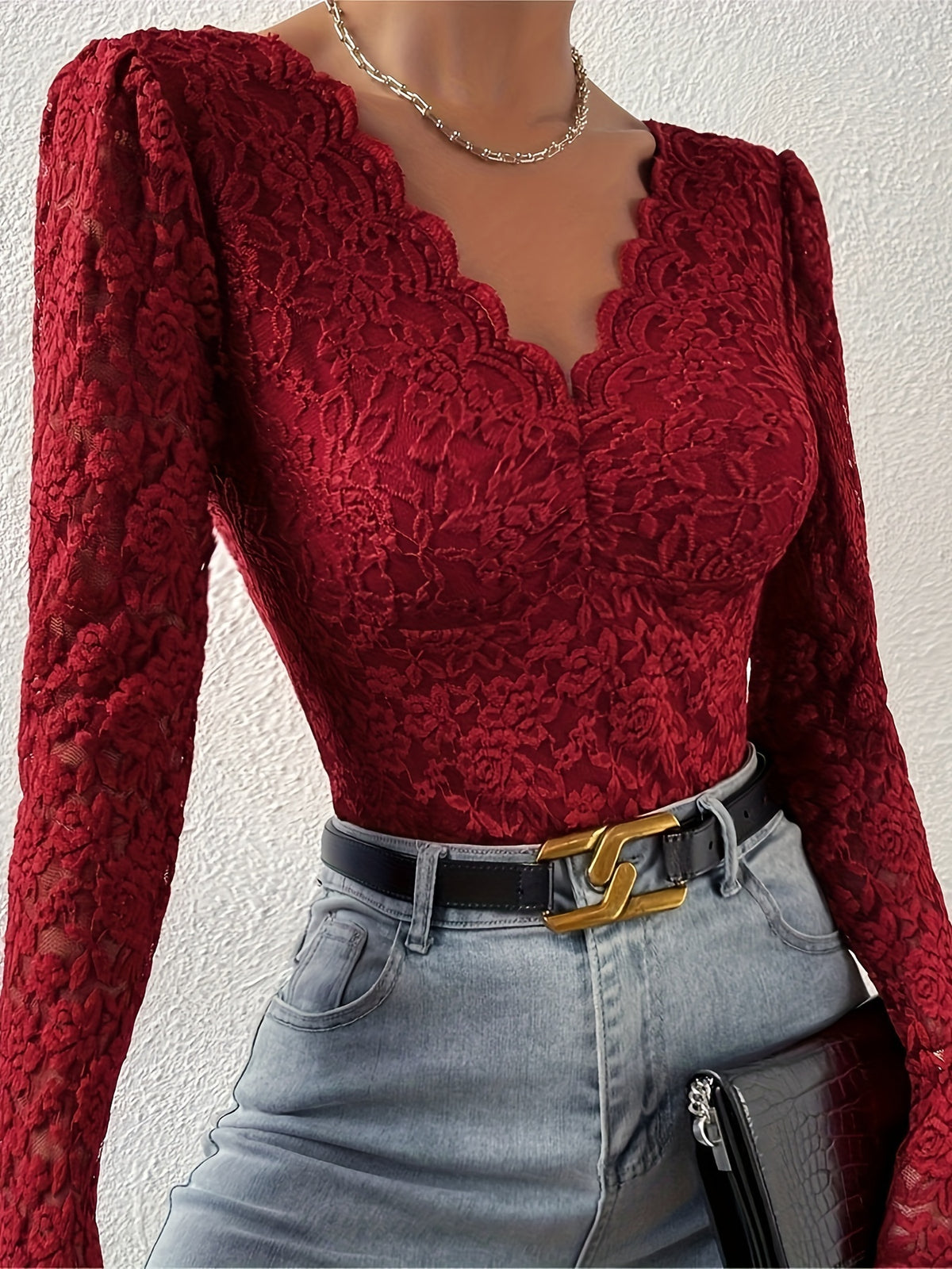 Sexy Spicy Style Deep-V Backless Lace Rose Printed Sheer Skinny Long Sleeve Bodysuit - Burgundy