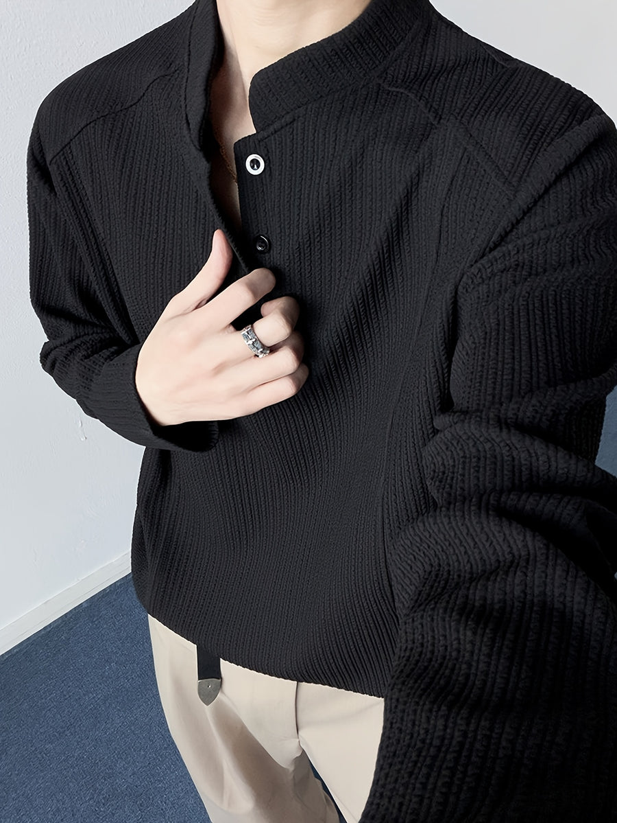 Men'S Korean Style Clean Texture Stand Collar Long Sleeve T-Shirt, Soft And Breathable Drop Shoulder Solid Color Casual Pullover, Suitable for Spring/Autumn Campus Shopping Short Trips - Black