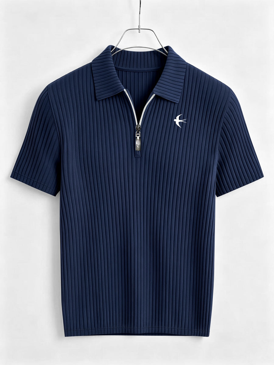 Men's Summer Casual Lapel Outdoor Sports Comfortable Printed Half-Zip Polo Shirt - Navy Color