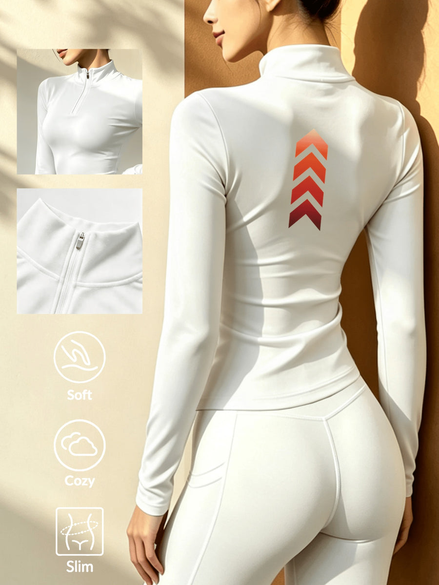 Women'S Solid Color Half-Zipper Long Sleeve Top, Waist-Cinching Warm T-Shirt - White