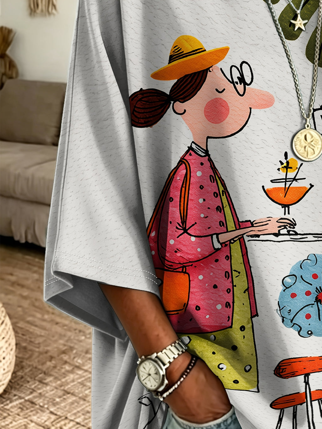 Plus Size, Women's Plus Size Loose-Fitting Cartoon Hand-Drawn with Green Plants and Flowers Print Crew Neck Three-Quarter Sleeve Top, Mid-Length Casual Versatile Sweatshirt T-Shirt - Gray background color