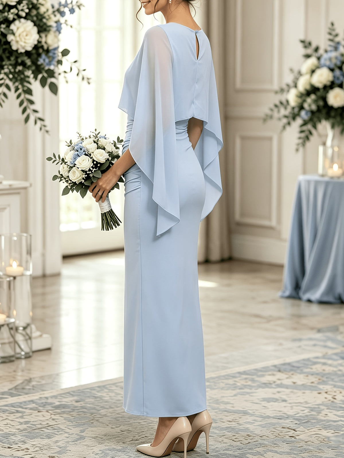 Light Blue Round Neck Chiffon Cape Shawl Dress, Waist Straight Pleated Stretch Fitted Banquet Long Evening Dress - Sky Blue