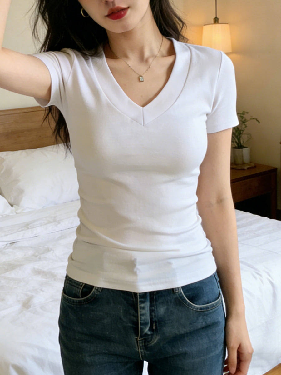 V-neck Short-sleeve T-shirt, Stretchy Slim-fit Versatile Base Layer, Hot Top - White