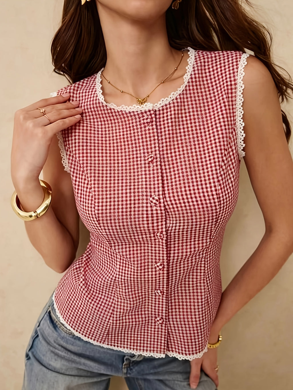 Charming Black And White Gingham Button-Up Top with Lace Trim, Ideal for Casual Chic Looks, Women's Gingham Top, Lace Trim Blouse, Casual Summer, Vintage Style Top, Button-Up Fashion - Red