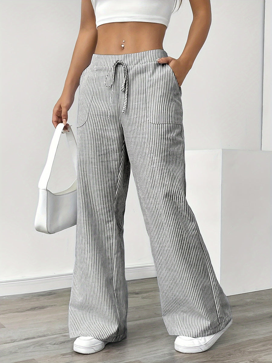 Women's French-Style Elegant Casual Commuter Striped Wide-Leg Pants, New Spring/Summer Loose Fashion Trousers with Pockets, Straight-Leg Versatile Style Zdz073103 - Gray White