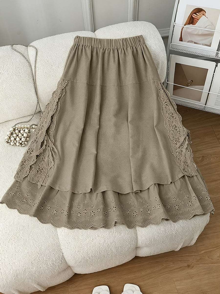 Women's New Spring/Summer - Fabric Embroidered Hem Maxi Dress, Casual Versatile Elastic Waist Lace Patchwork Skirt - Khaki