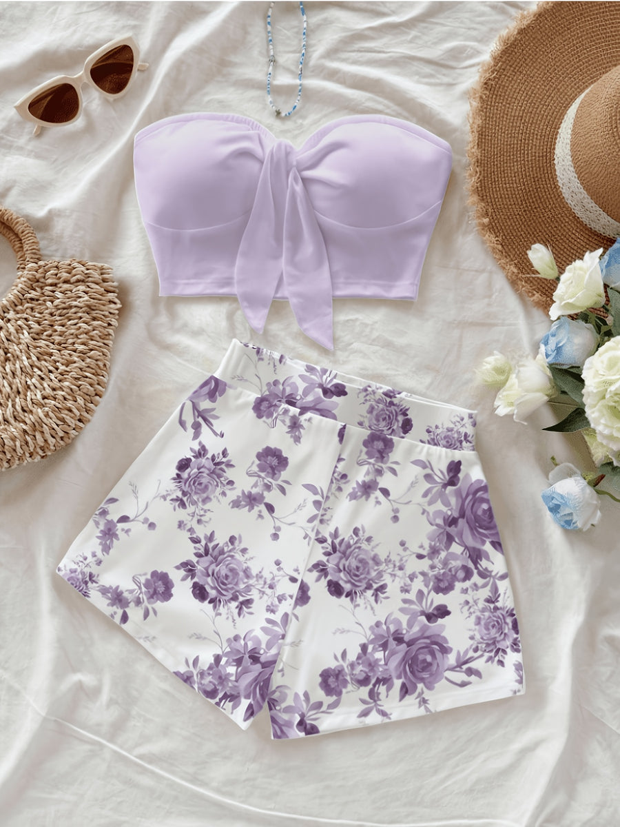 Women's Solid Color Bandeau Top And Floral Print Shorts 2pcs Set - Light Purple