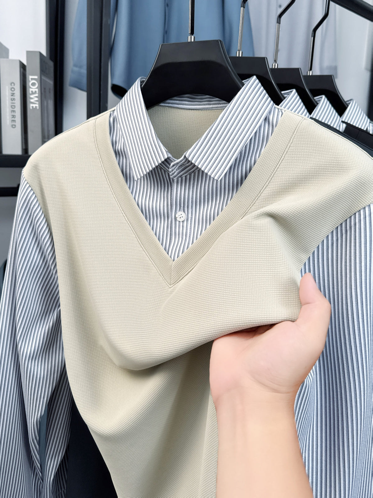 Men's Stretch 2-in-1 Look Polo Long Sleeve Shirt, Striped Shirt Collar Patchwork Polo Top, Smooth, Fine, and Skin-Friendly Fabric, Business Commute, Business Trip, and Travel Top, Loose and Casual Men's Clothing for Daily Wear and Home - M Beige