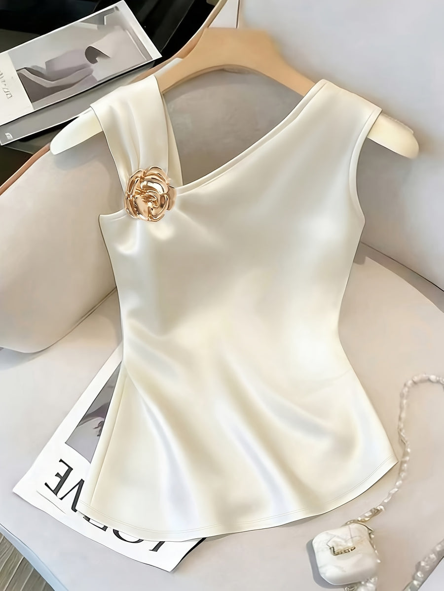 Elegant and Fashionable New Spring/summer Women's Solid Color Irregular Metal Diagonal Shoulder Design Slim-fit, Sophisticated, Intellectual, Commuting, Casual, Simple, Versatile Sleeveless Vest - White