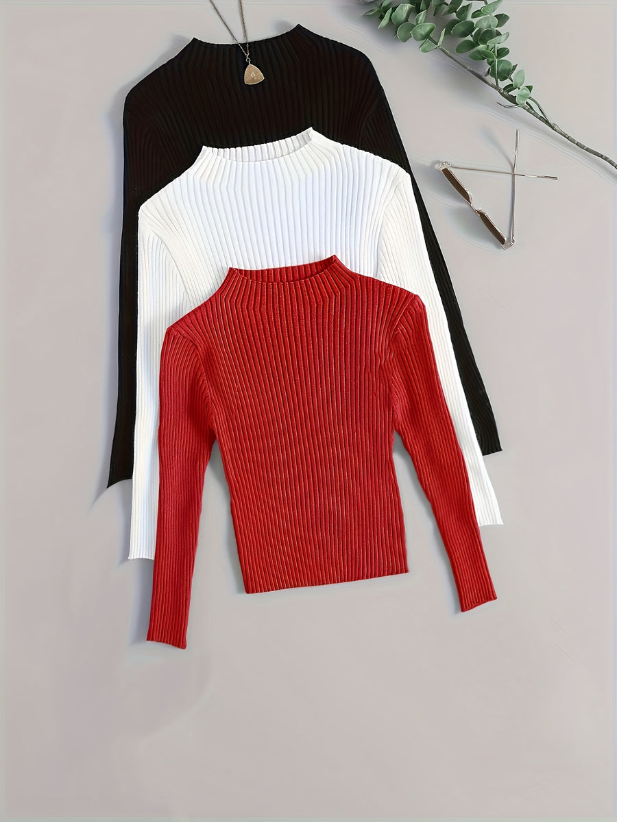 3pcs Set Stand Collar Ribbed Base Layer Stretch Plain Color Versatile Vintage - Multicolor 6