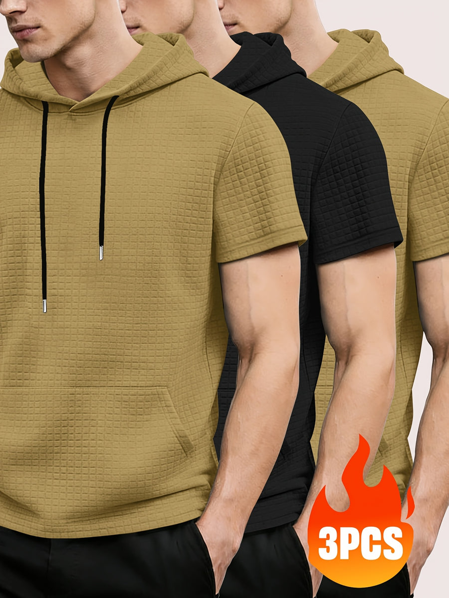 3pcs Men's Waffle Knit Short Sleeve Hoodie with Kangaroo Pocket, Soft and Breathable Fabric, Multiple Color Options, Versatile for Daily Wear, Simple and Stylish Casual Sportswear, Suitable as Matching Family Outfits, Great Choice for Gifts - Khaki + Black + Khaki